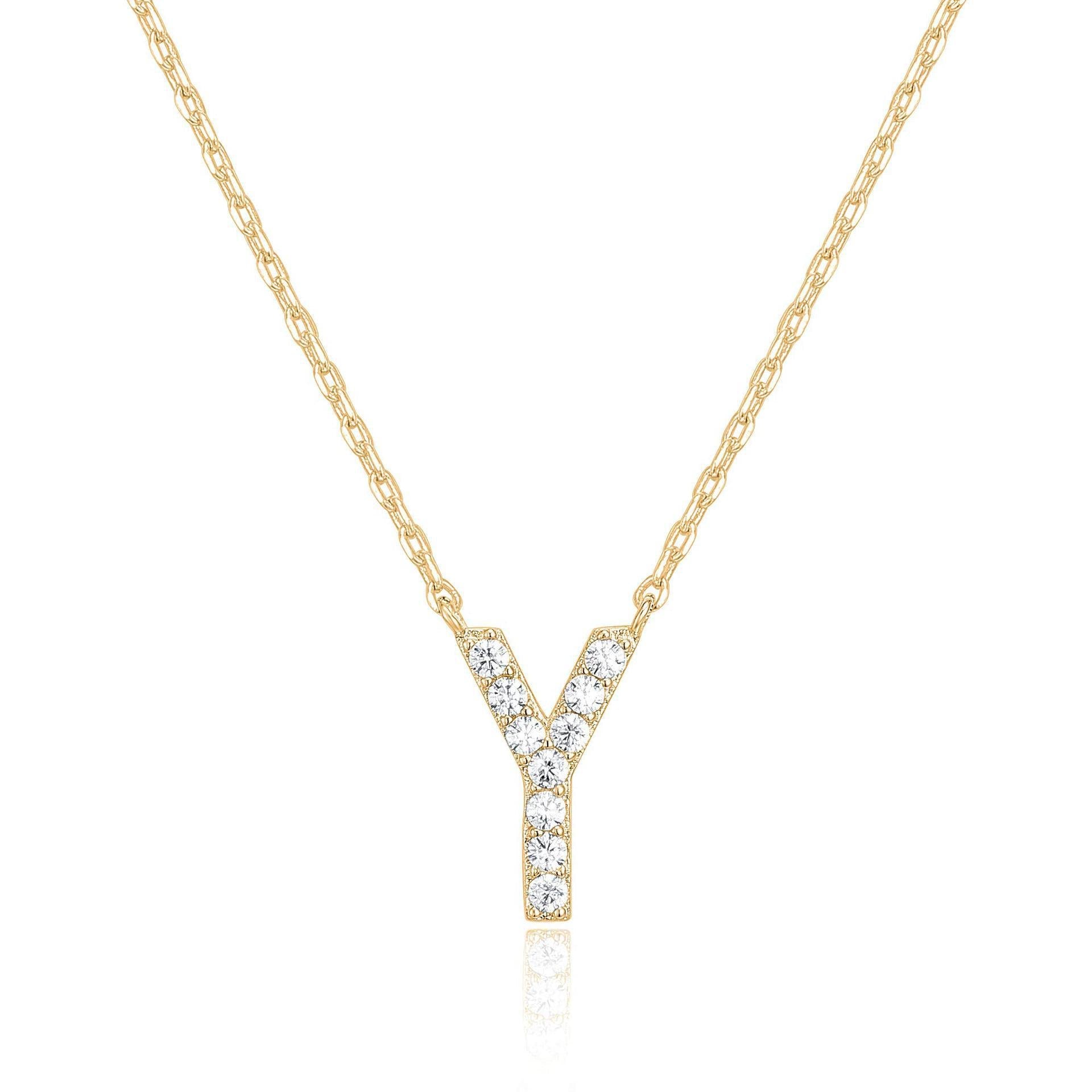 14k Yellow Gold Created White Sapphire Initial Y Letter Pendant Necklace Plated