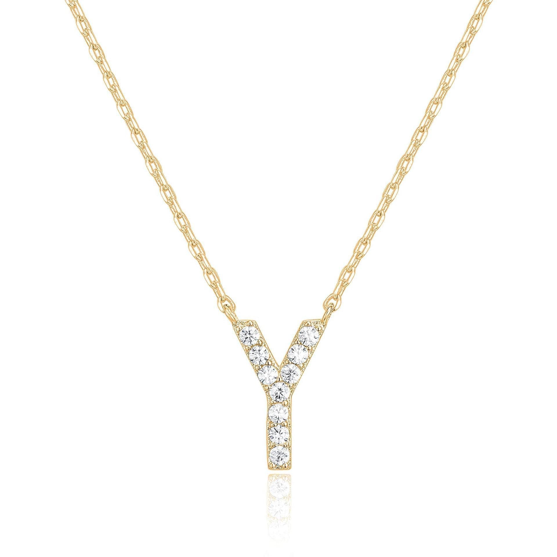 14k Yellow Gold Created Diamond Initial Y Letter Pendant Necklace Plated