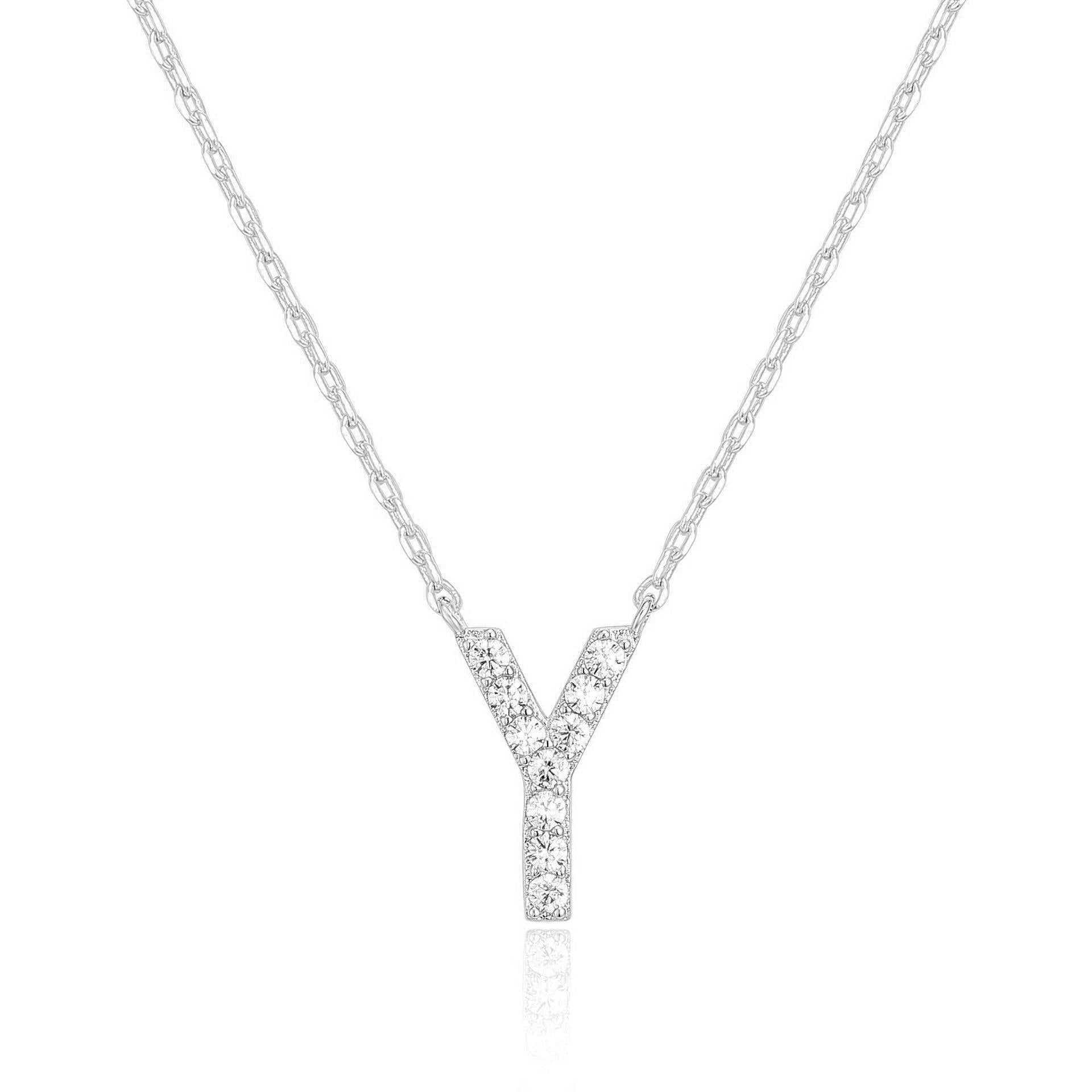 14k White Gold Created White Sapphire Initial Y Letter Pendant Necklace Plated
