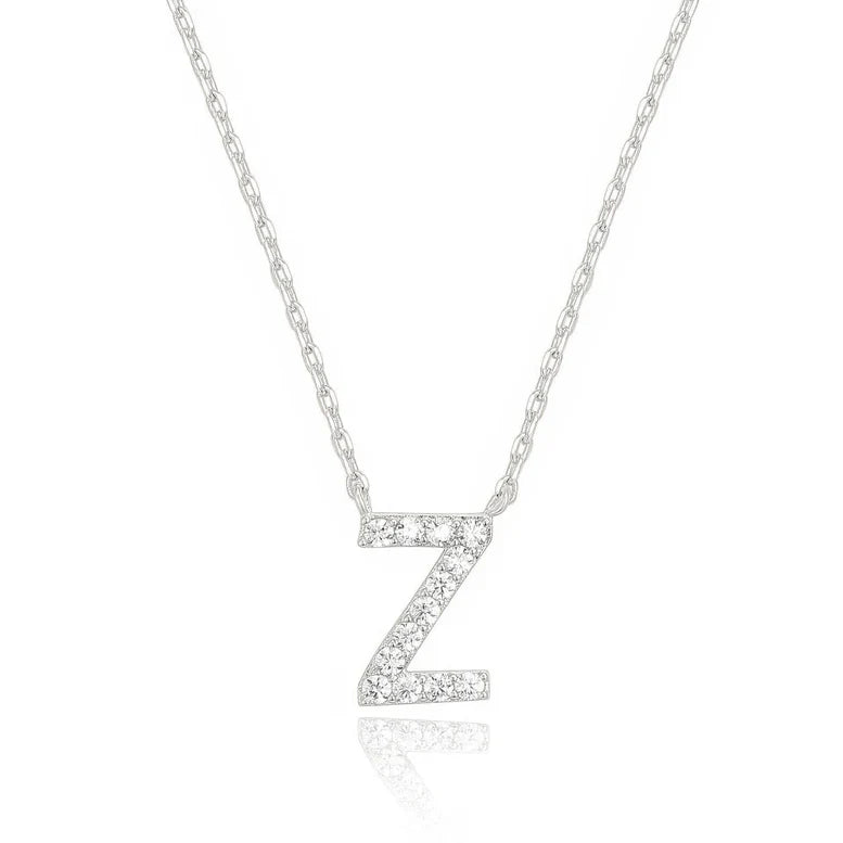 DiamondX 18K White Gold A-Z Alphabet Created White Sapphire Necklace Initial Plated