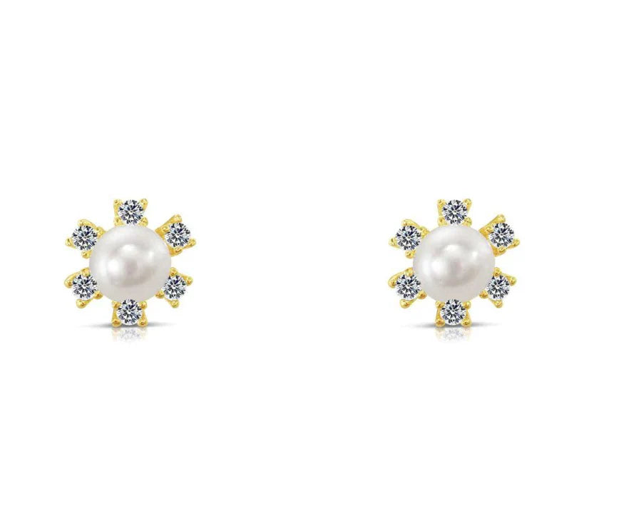 10k Yellow Gold Flower Freshwater Pearl Stud Earrings