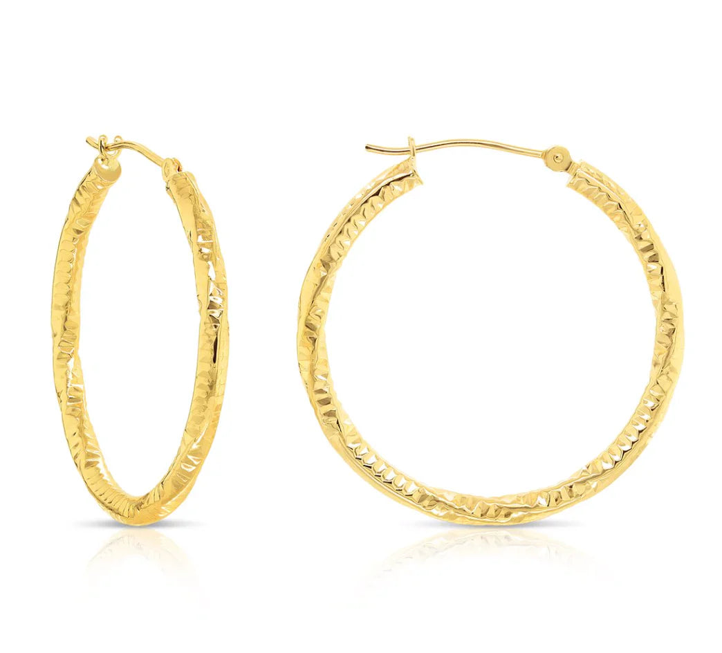 14k Yellow Gold Hoop Earrings with Twisted DC Design 2.5mm Thickness
