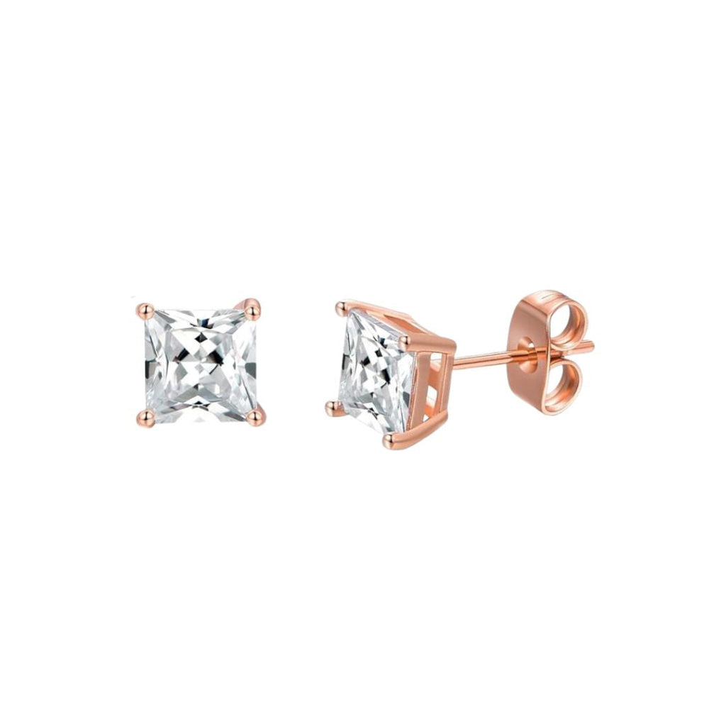 DiamondX 14K Rose Solid Gold Created White Diamond Princess 1/4Ct, 1/2Ct, 1Ct, 2Ct, 3Ct Stud Earrings - D/VVS1