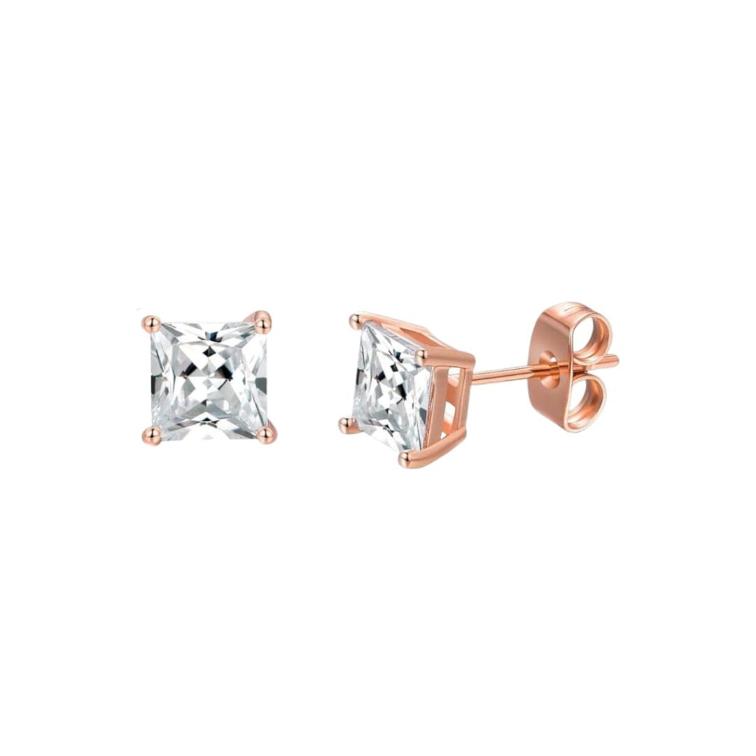 DiamondX 14K Rose Solid Gold Created White Diamond Princess 1/4Ct, 1/2Ct, 1Ct, 2Ct, 3Ct Stud Earrings - D/VVS1