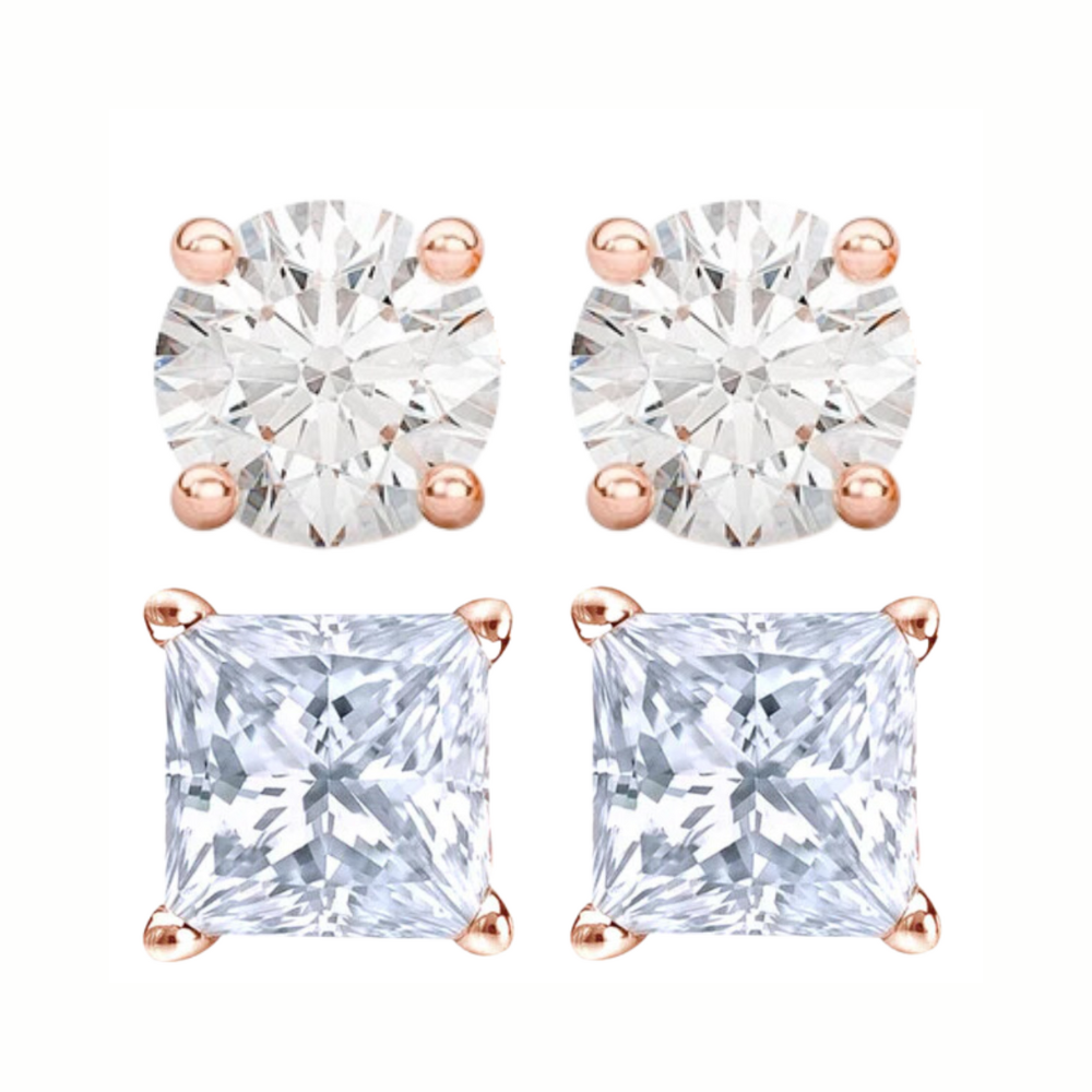 DiamondX 14K Rose Solid Gold Created White Diamond 1/4Ct, 1/2Ct, 1Ct, 2Ct, 3Ct Round and Princess Stud Earrings 2 Pairs