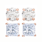 DiamondX 14K Rose Solid Gold Created White Diamond 1/4Ct, 1/2Ct, 1Ct, 2Ct, 3Ct Round and Princess Stud Earrings 2 Pairs