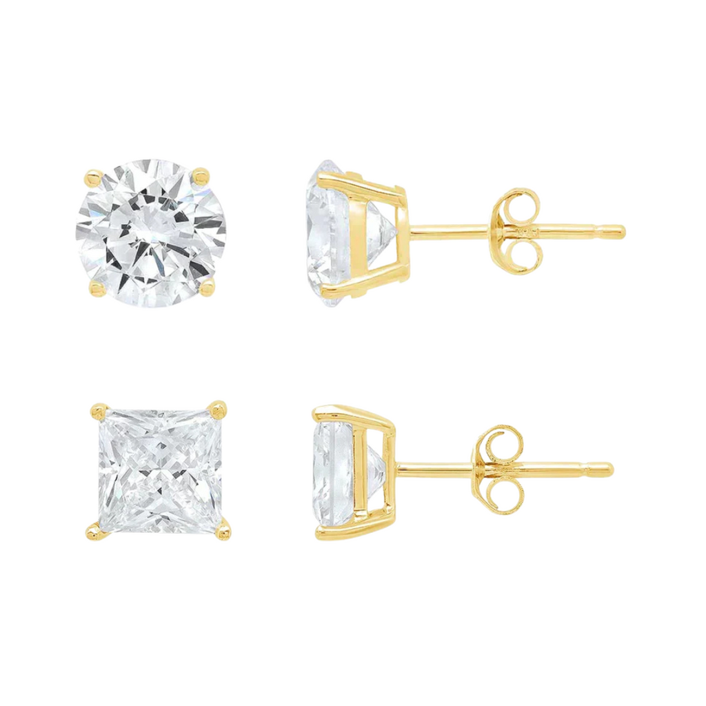 DiamondX 14K Yellow Solid Gold Created White Diamond 1/4Ct, 1/2Ct, 1Ct, 2Ct, 3Ct Round and Princess Stud Earrings 2 Pairs