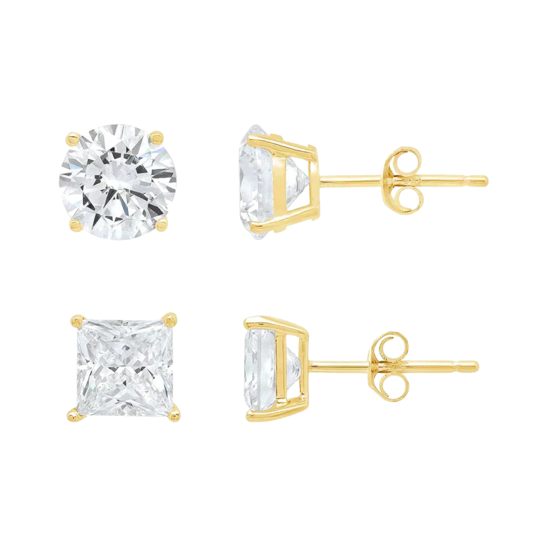 DiamondX 14K Yellow Solid Gold Created White Diamond 1/4Ct, 1/2Ct, 1Ct, 2Ct, 3Ct Round and Princess Stud Earrings 2 Pairs