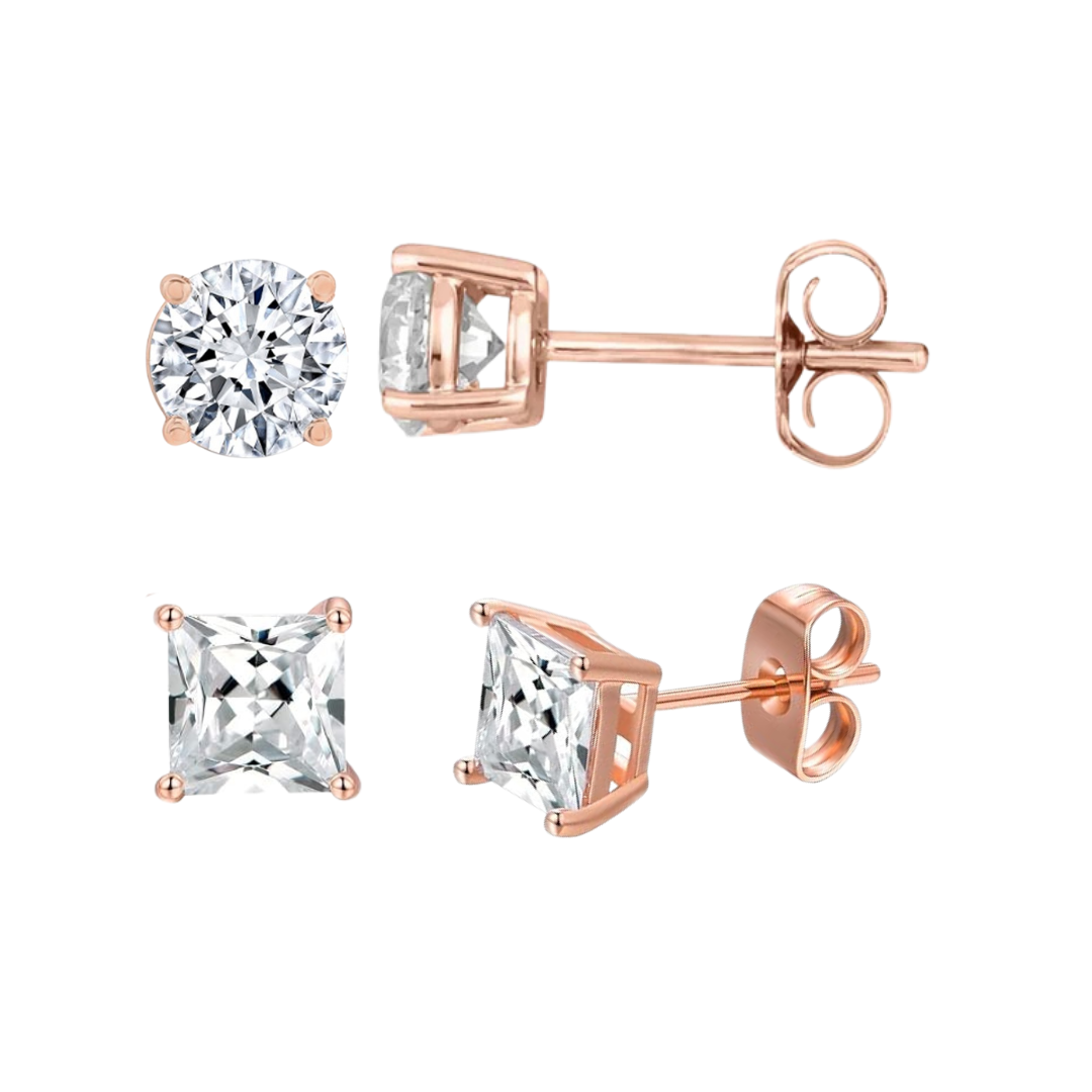 DiamondX 14K Rose Solid Gold Created White Diamond 1/4Ct, 1/2Ct, 1Ct, 2Ct, 3Ct Round and Princess Stud Earrings 2 Pairs
