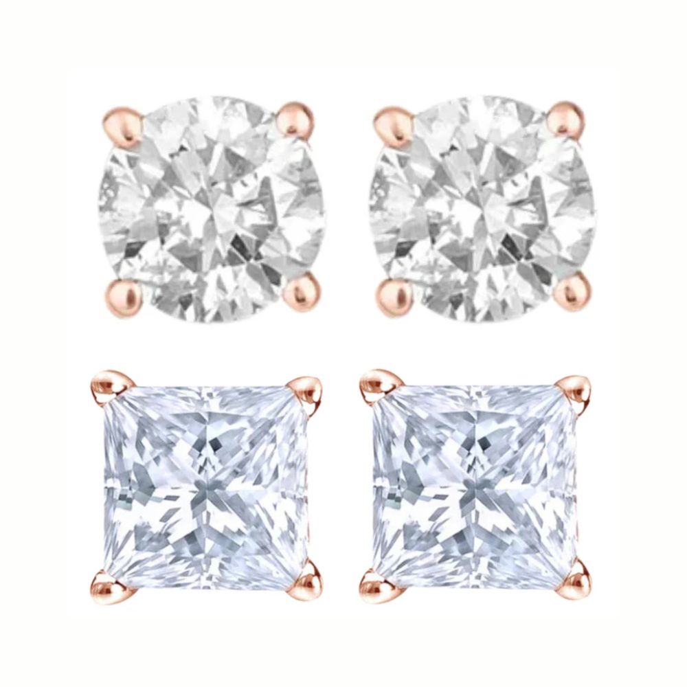 DiamondX 14K Rose Solid Gold Created White Diamond 1/4Ct, 1/2Ct, 1Ct, 2Ct, 3Ct Round and Princess Stud Earrings 2 Pairs for Men