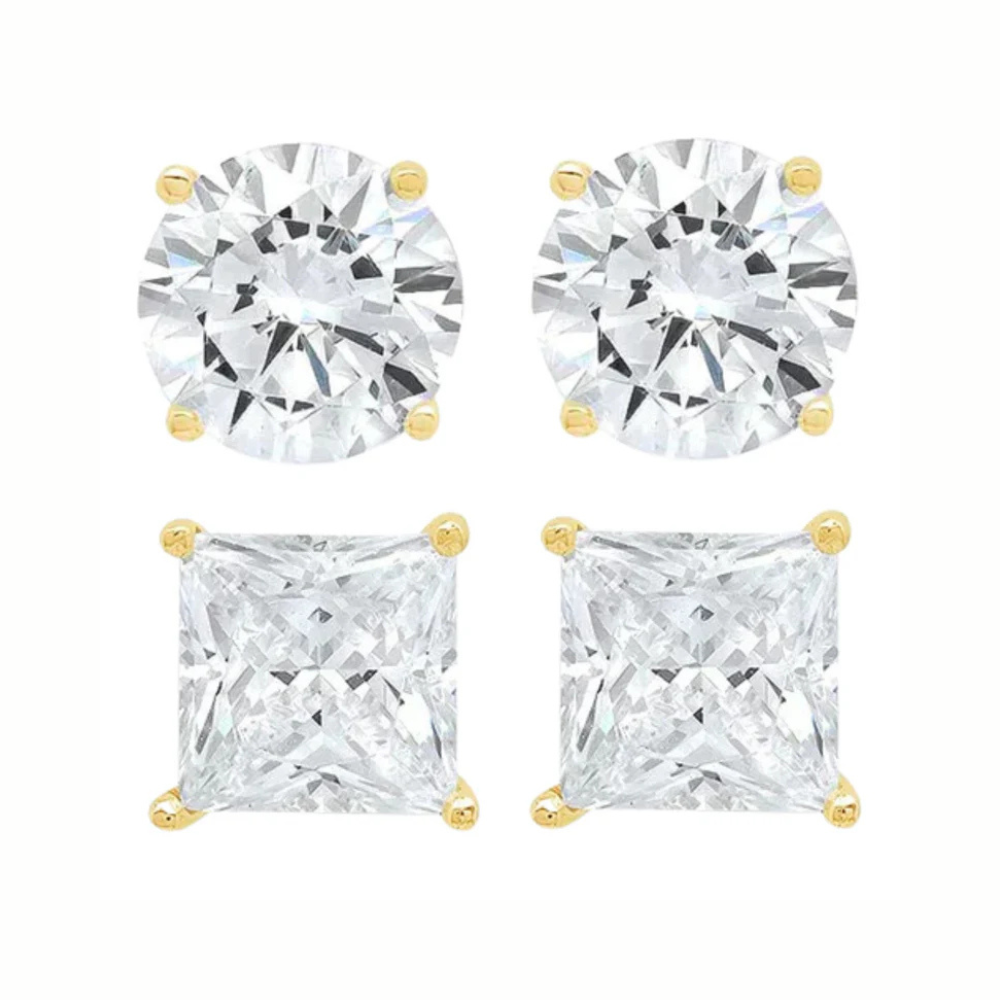 DiamondX 14K Yellow Solid Gold Created White Diamond 1/4Ct, 1/2Ct, 1Ct, 2Ct, 3Ct Round and Princess Stud Earrings 2 Pairs