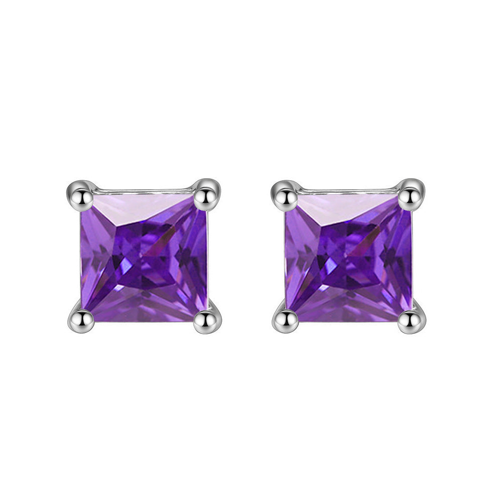 18k White Gold Plated 1/4 Carat Princess Cut Created Amethyst Stud Earrings 4mm