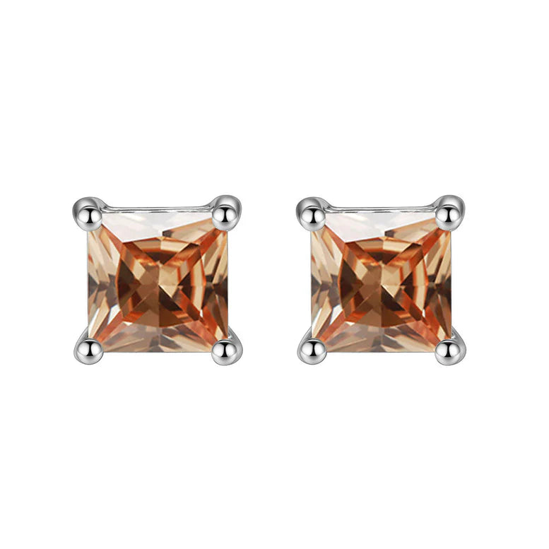 DiamondX 14k White Gold Push Back Princess Created Champagne Sapphire Stud Earrings 3mm