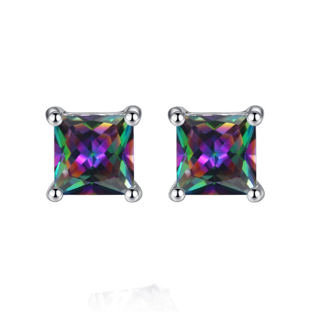 10k White Gold Plated 2 Carat Square Created Mystic Topaz Stud Earrings