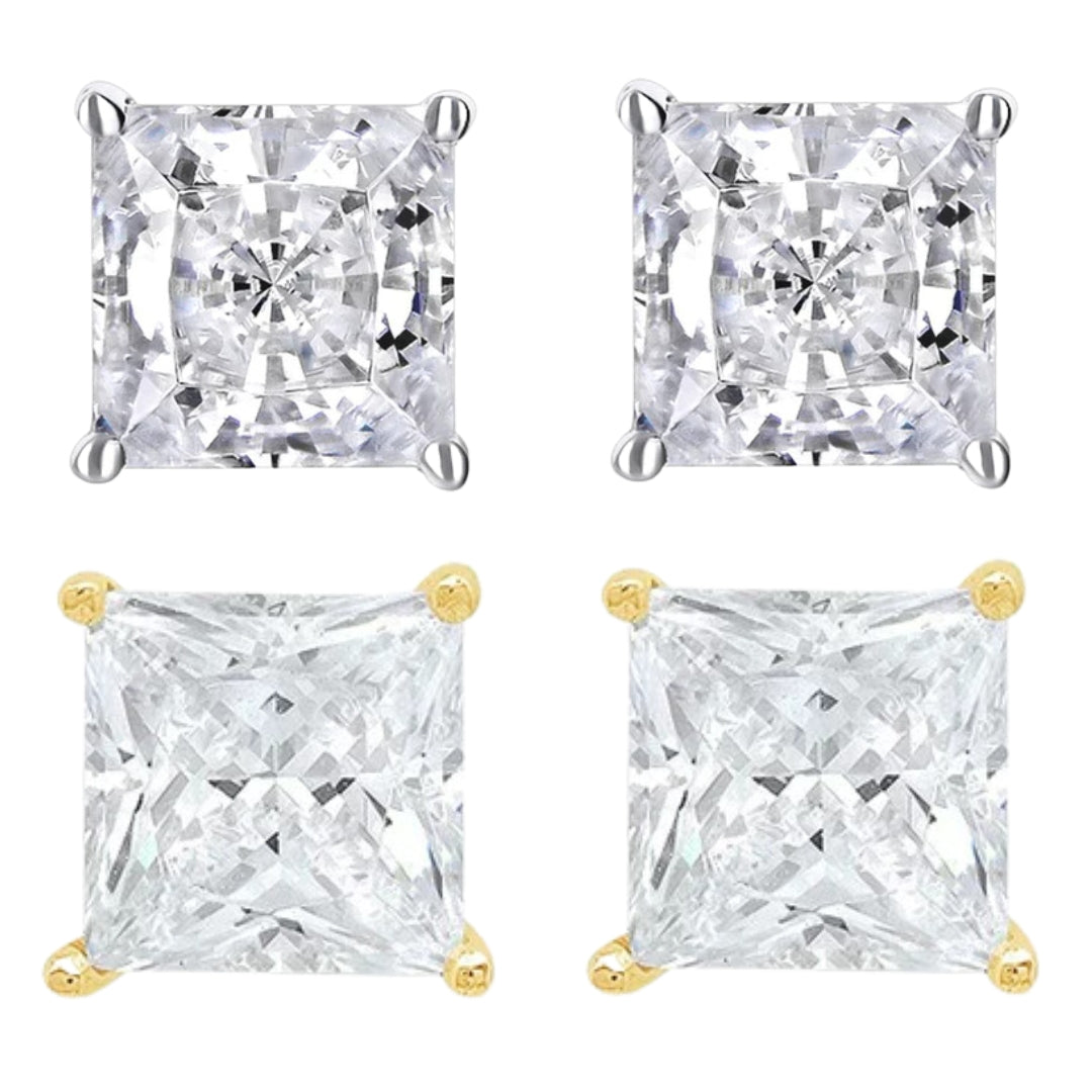 14k White And Yellow Gold 1/2 Carat Solitaire Created Diamond 2 Pair Princess Stud Earrings