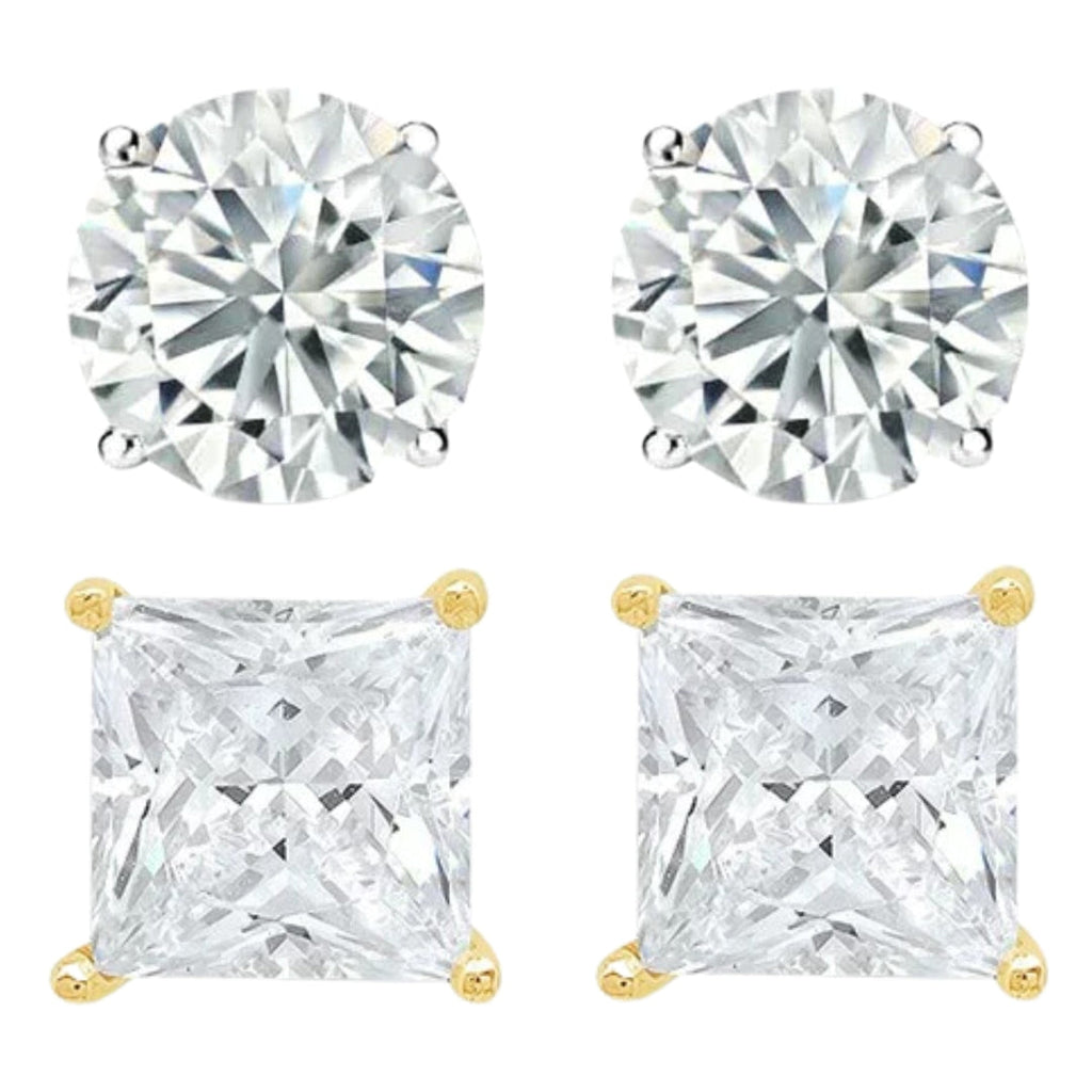 14k White and Yellow Gold 1/4 Carat Solitaire Created Diamond 2 Pair Round and Princess Stud Earrings