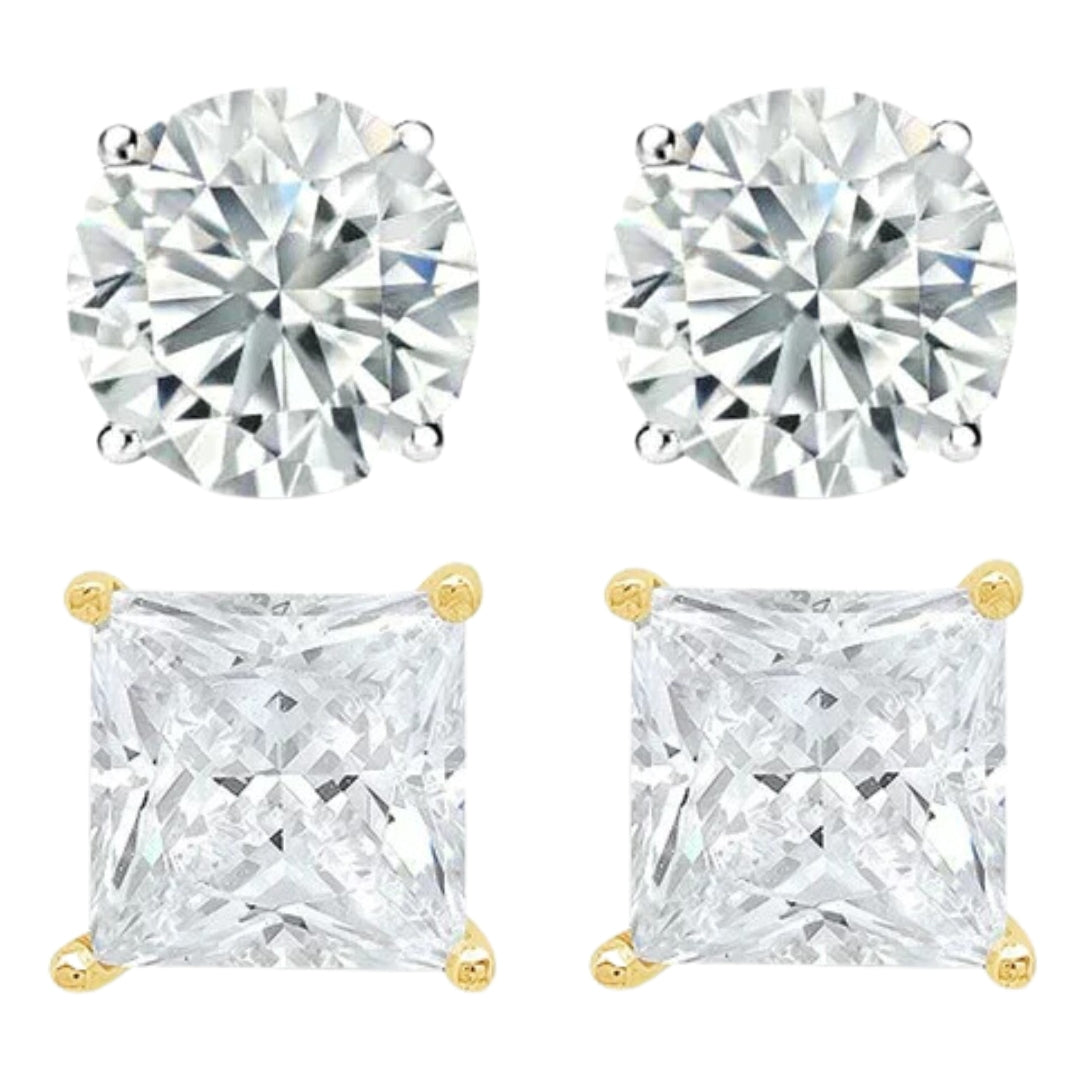 14k White and Yellow Gold 1/4 Carat Solitaire Created Diamond 2 Pair Round and Princess Stud Earrings
