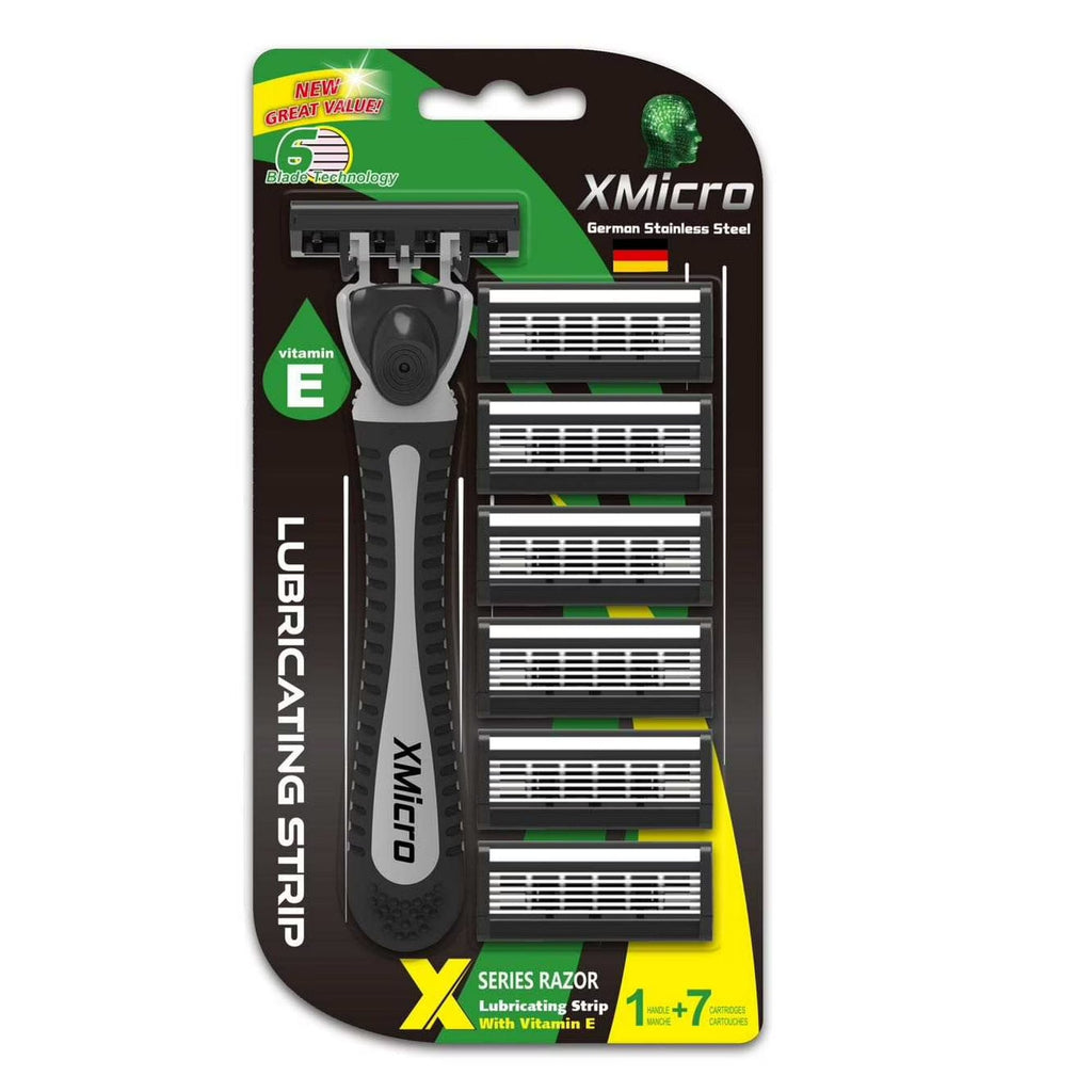 XMicro Shaving Razors, 1 Razor, 7 Blade Refills German Stainless Steel, Lubricated with Vitamin E & Aloe Version X Men|Women