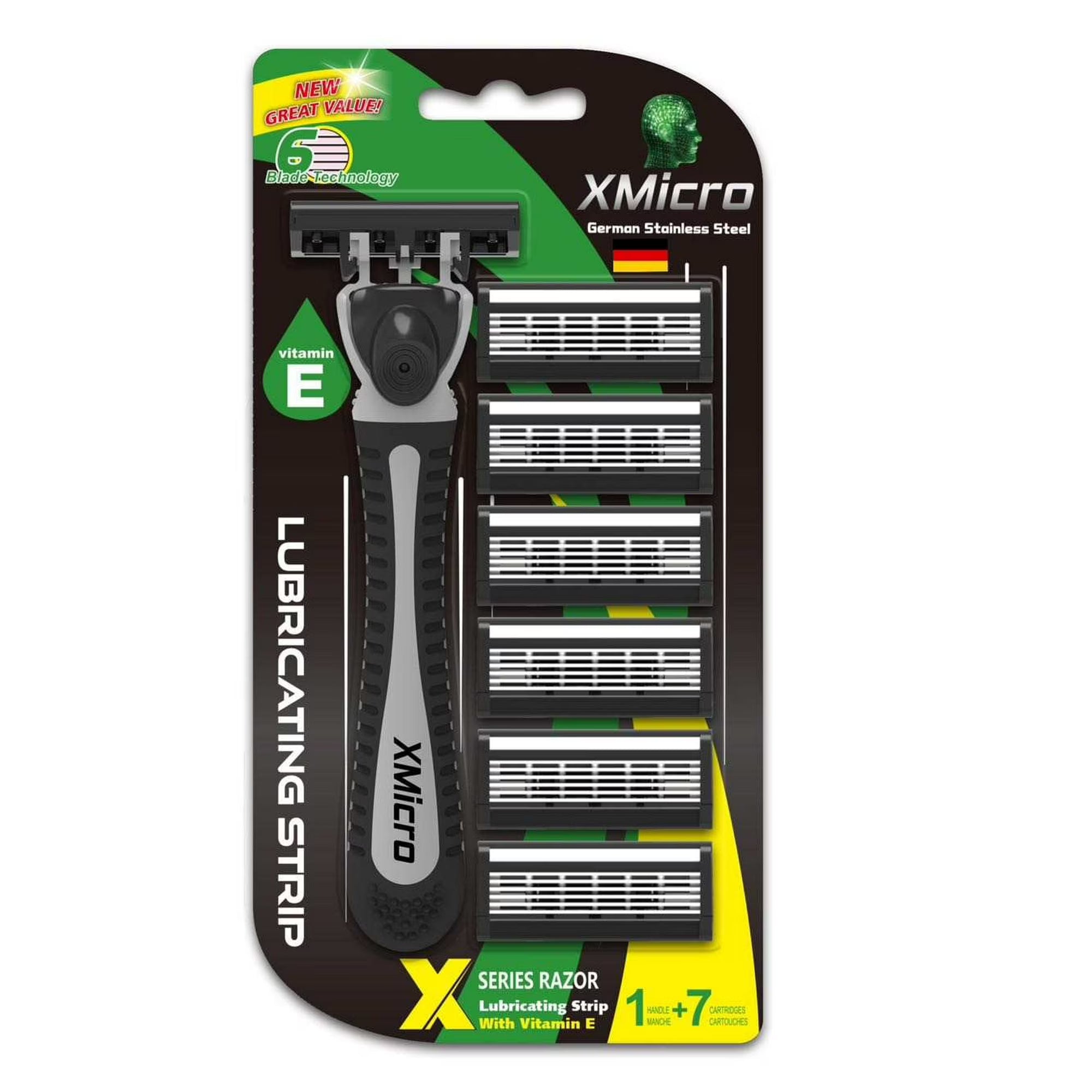 XMicro Shaving Razors, 1 Razor, 7 Blade Refills German Stainless Steel, Lubricated with Vitamin E & Aloe Version X Men|Women