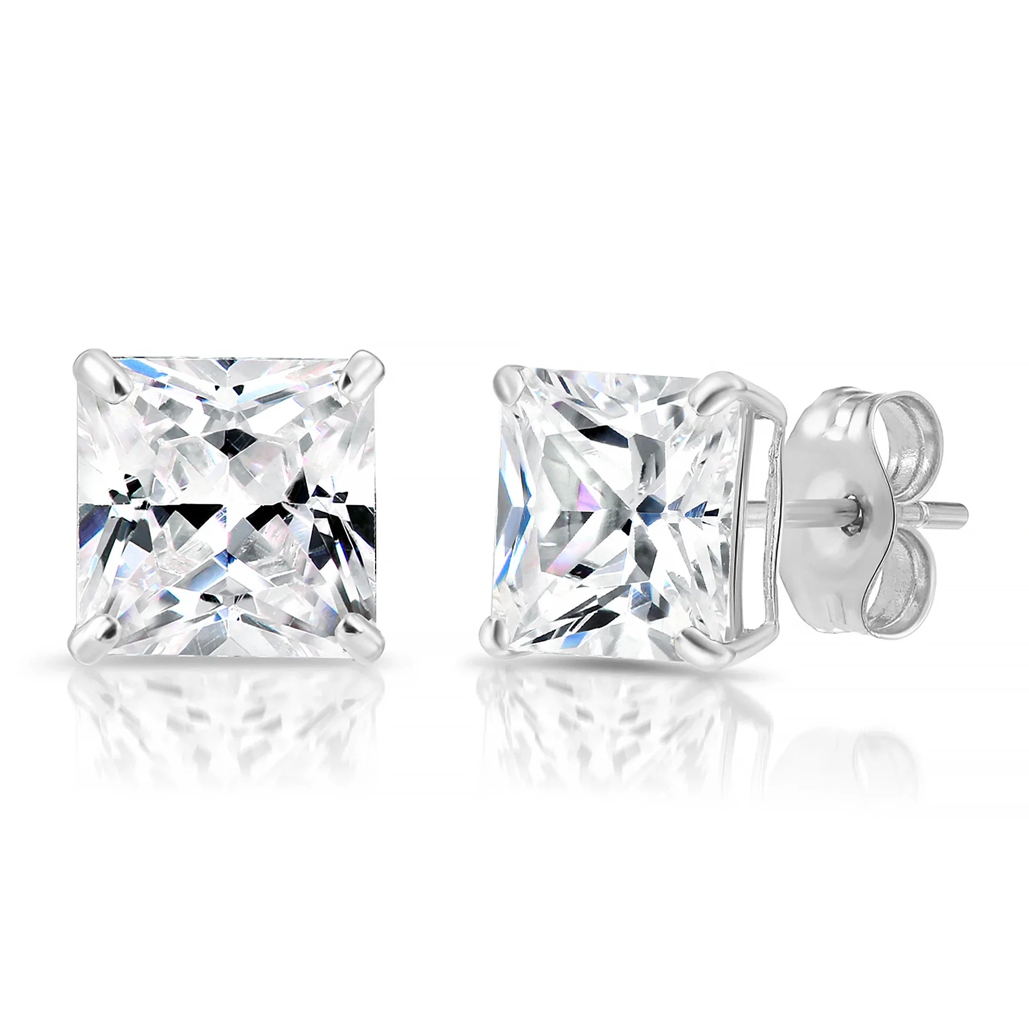 14k White Gold Square CZ Stud Earrings - Pushback