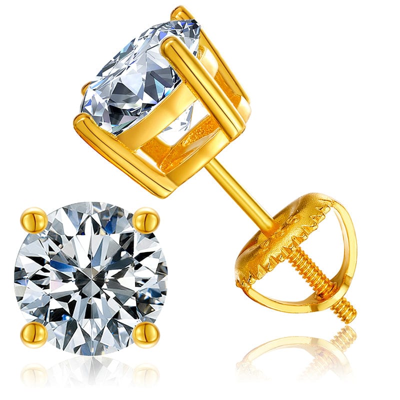 18K Yellow Gold 3 Carat Round Moissanite Screw Back Stud Earrings Plated by DiamondX