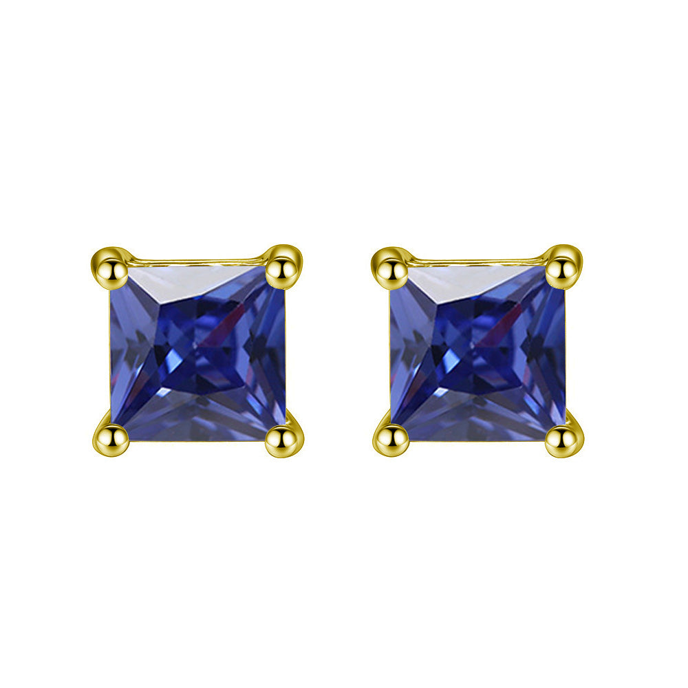 24k Yellow Gold Plated 2 Cttw Blue Sapphire Square Stud Earrings