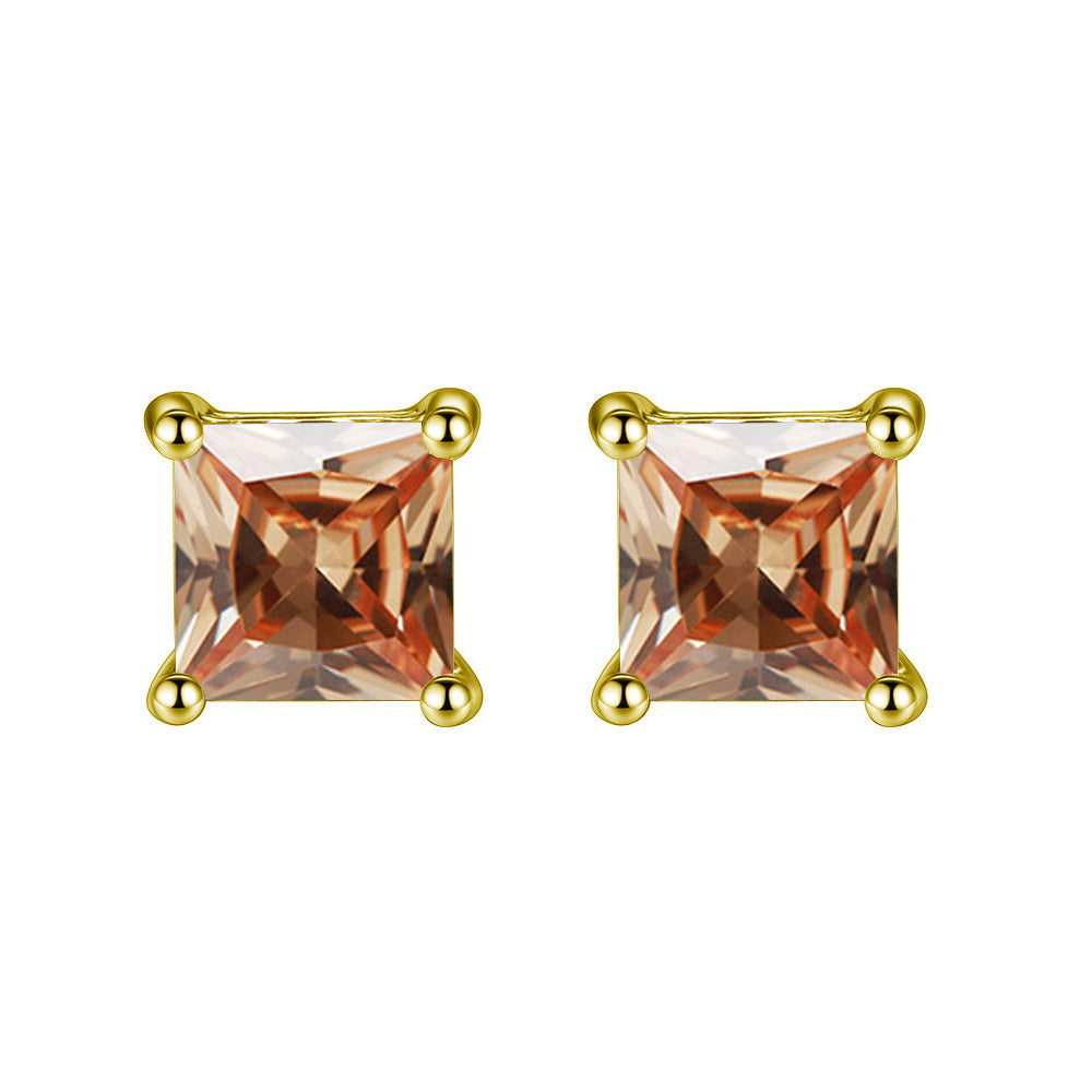 DiamondX 14k Yellow Gold Push Back Princess Created Champagne Sapphire Stud Earrings 4mm