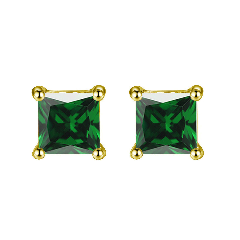 14k Yellow Gold Plated 3 Ct Square Created Emerald Stud Earrings