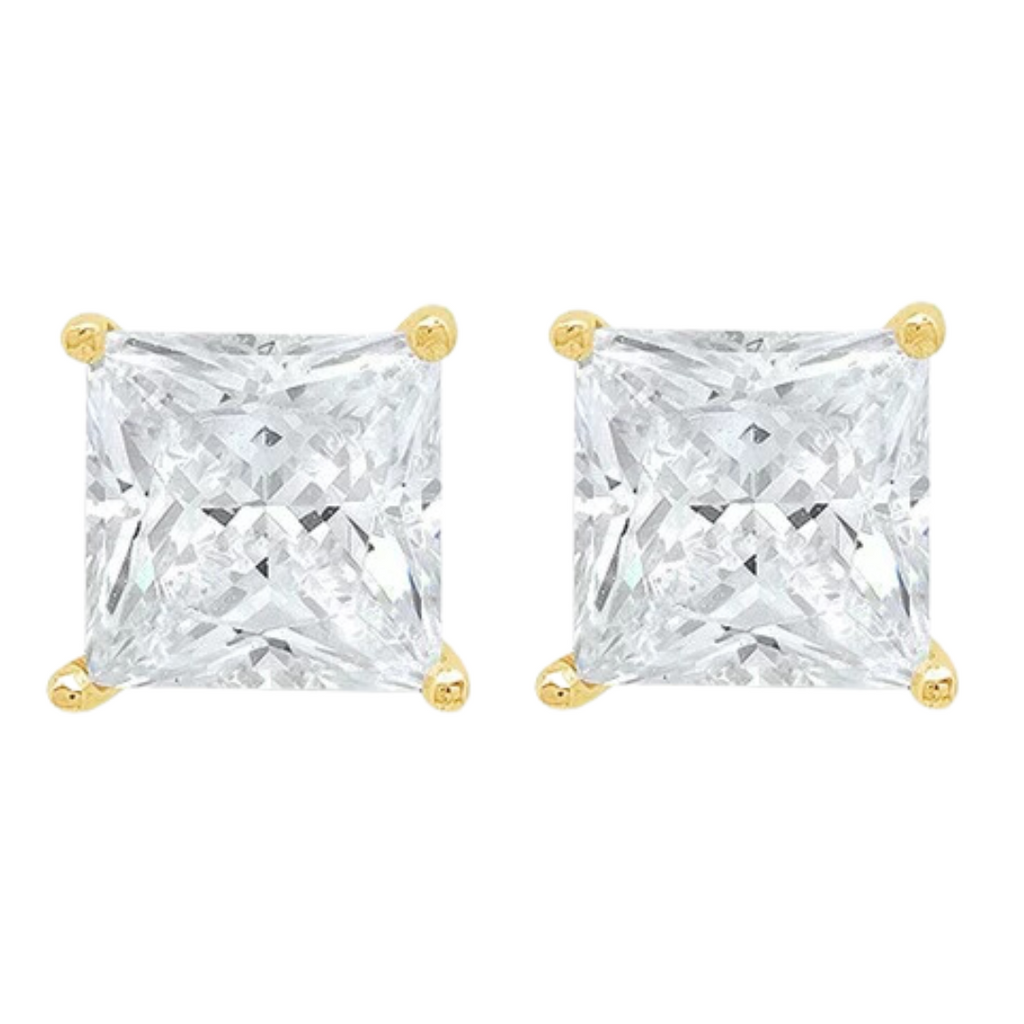 14k Yellow Gold 1/4 Carat Solitaire Created Diamond 2 Pair Round and Princess Stud Earrings