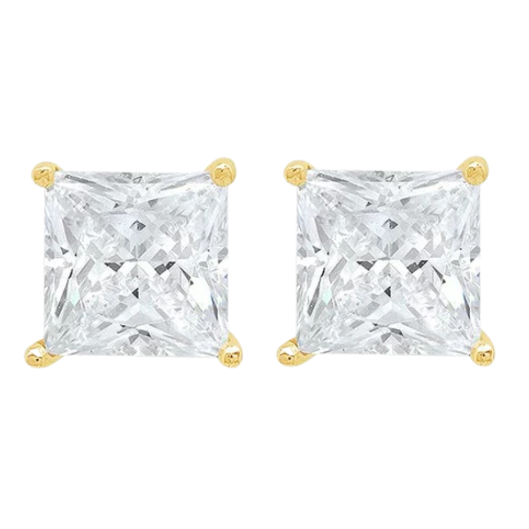 14k Yellow Gold 1/4 Carat Solitaire Created Diamond 2 Pair Round and Princess Stud Earrings