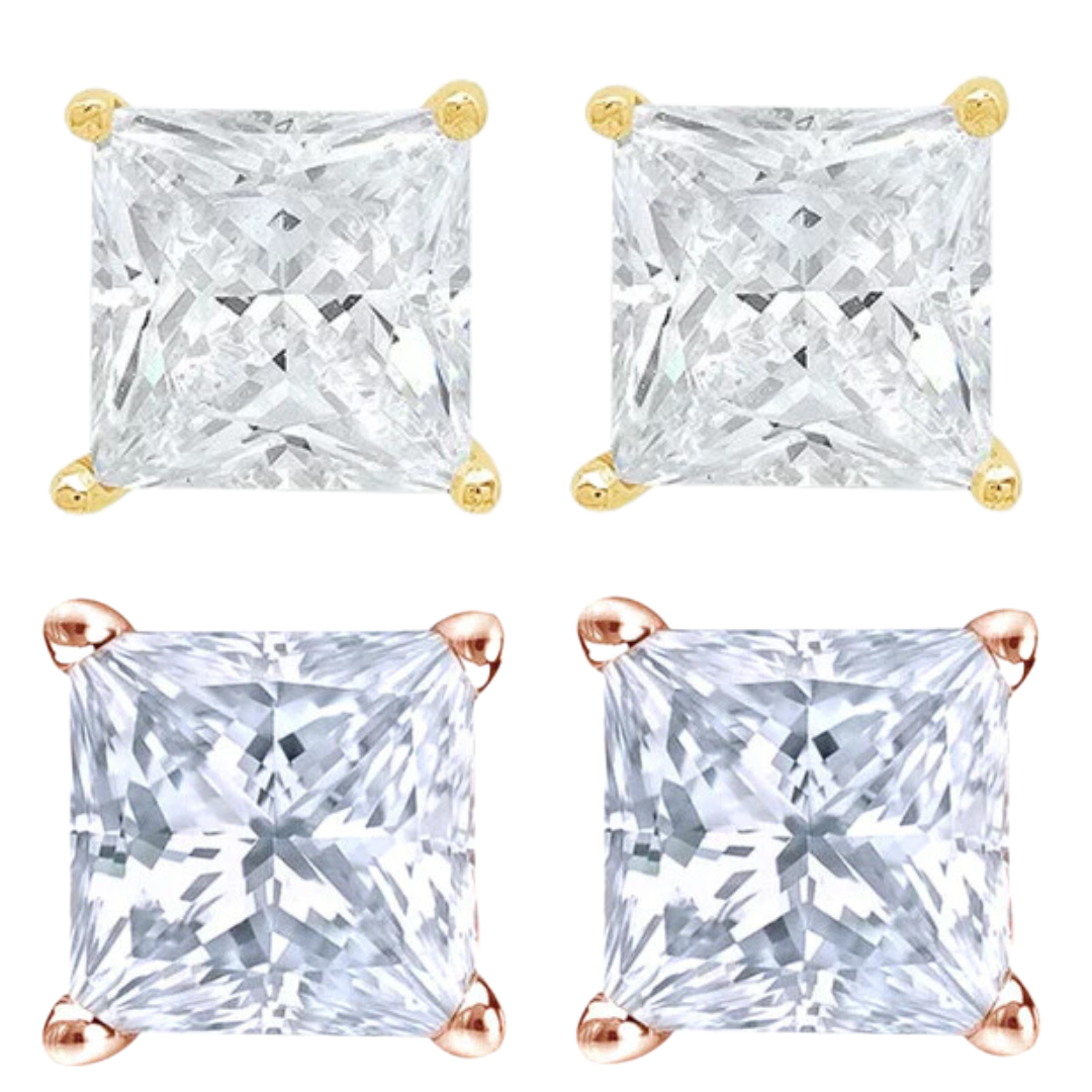 14k Yellow And Rose Gold 1/2 Carat Solitaire Created Diamond 2 Pair Princess Stud Earrings