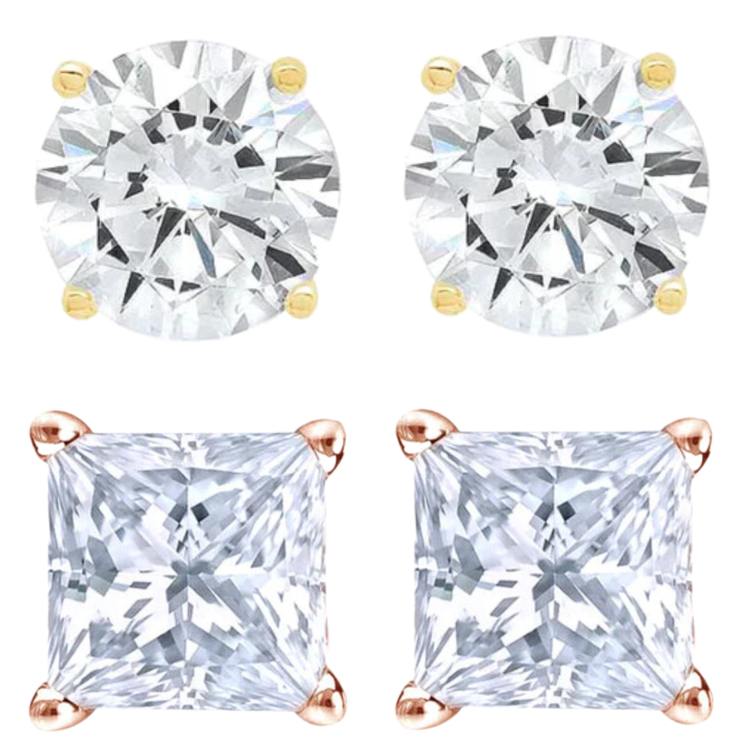 14k Yellow and Rose Gold 1/2 Carat Solitaire Created Diamond 2 Pair Round and Princess Stud Earrings