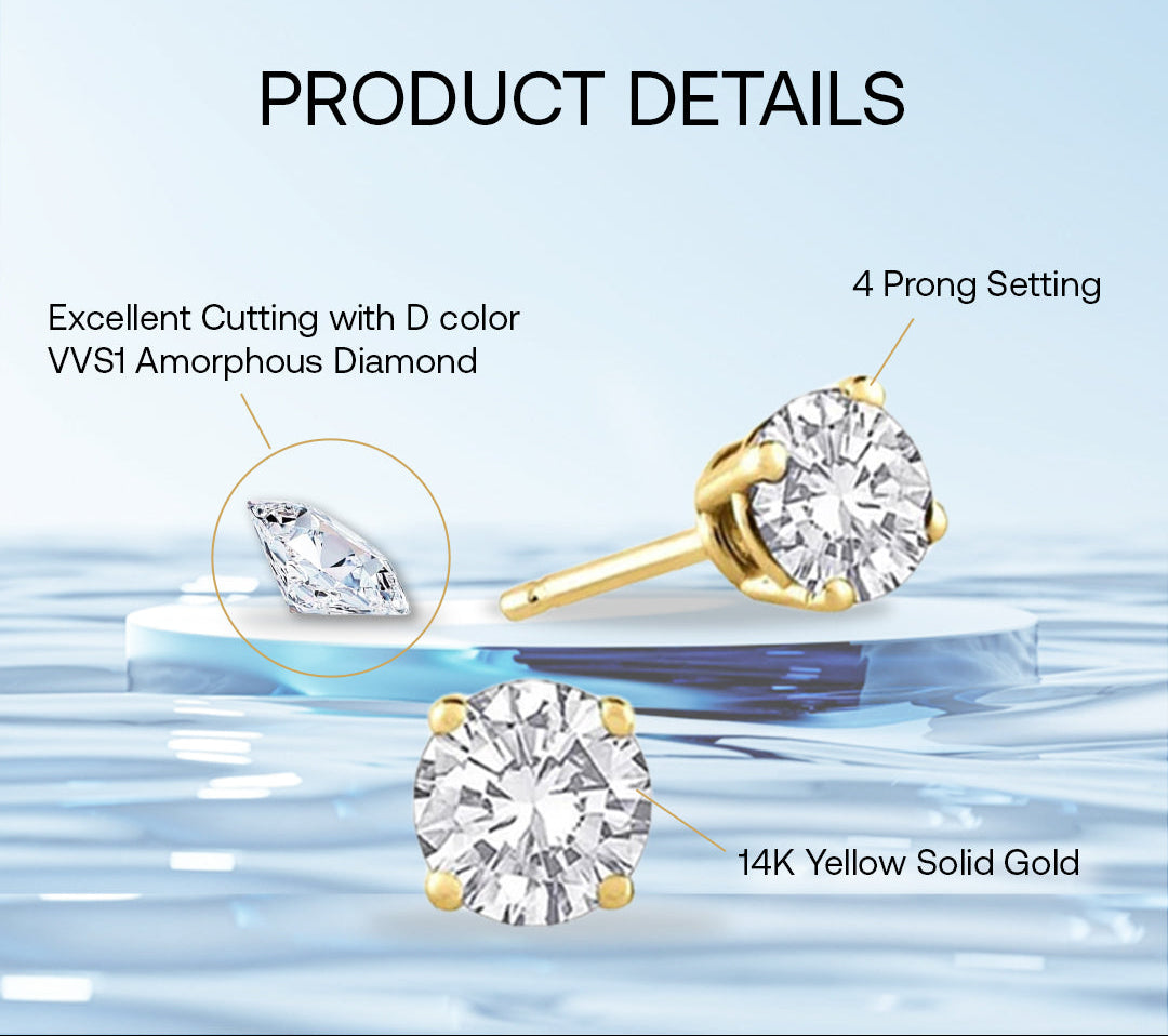 DiamondX 14K Yellow Solid Gold Created White Diamond Round 1/4Ct, 1/2Ct, 1Ct, 2Ct, 3Ct Stud Earrings - D/VVS1