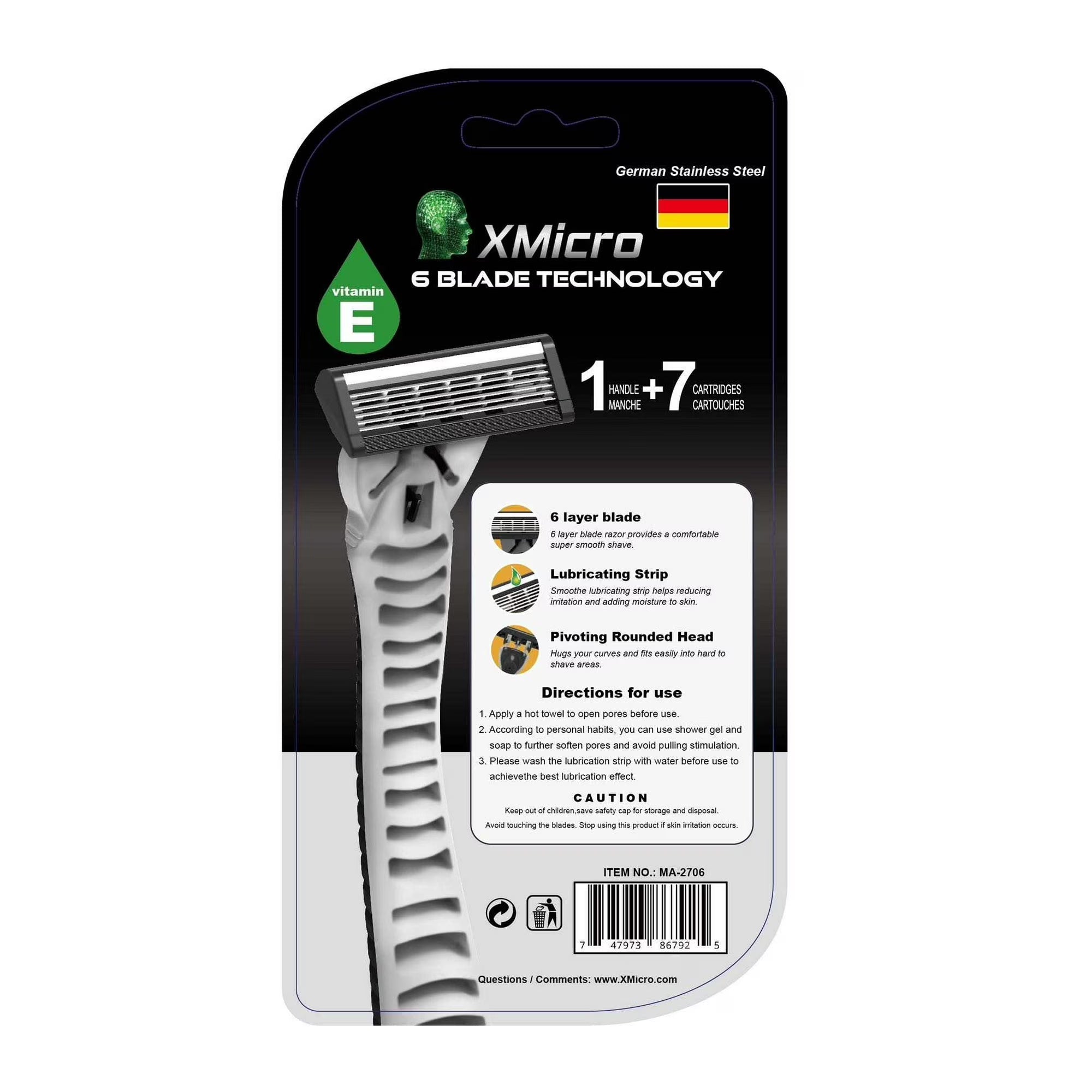 XMicro Shaving Razors, 1 Razor, 7 Blade Refills German Stainless Steel, Lubricated with Vitamin E & Aloe Version X Men|Women