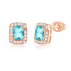 18K Rose Gold Created Aquamarine Princess Halo Pendant Necklace, Earrings and Tennis Bracelet Jewelry Set Plated