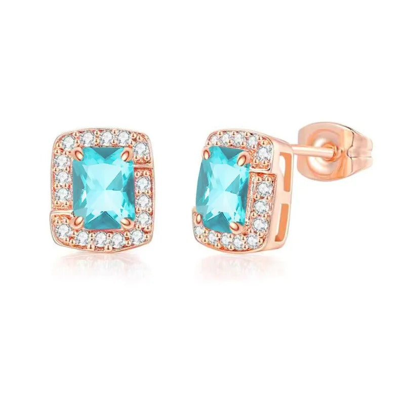 18K Rose Gold Created Aquamarine Princess Halo Pendant Necklace, Earrings and Tennis Bracelet Jewelry Set Plated