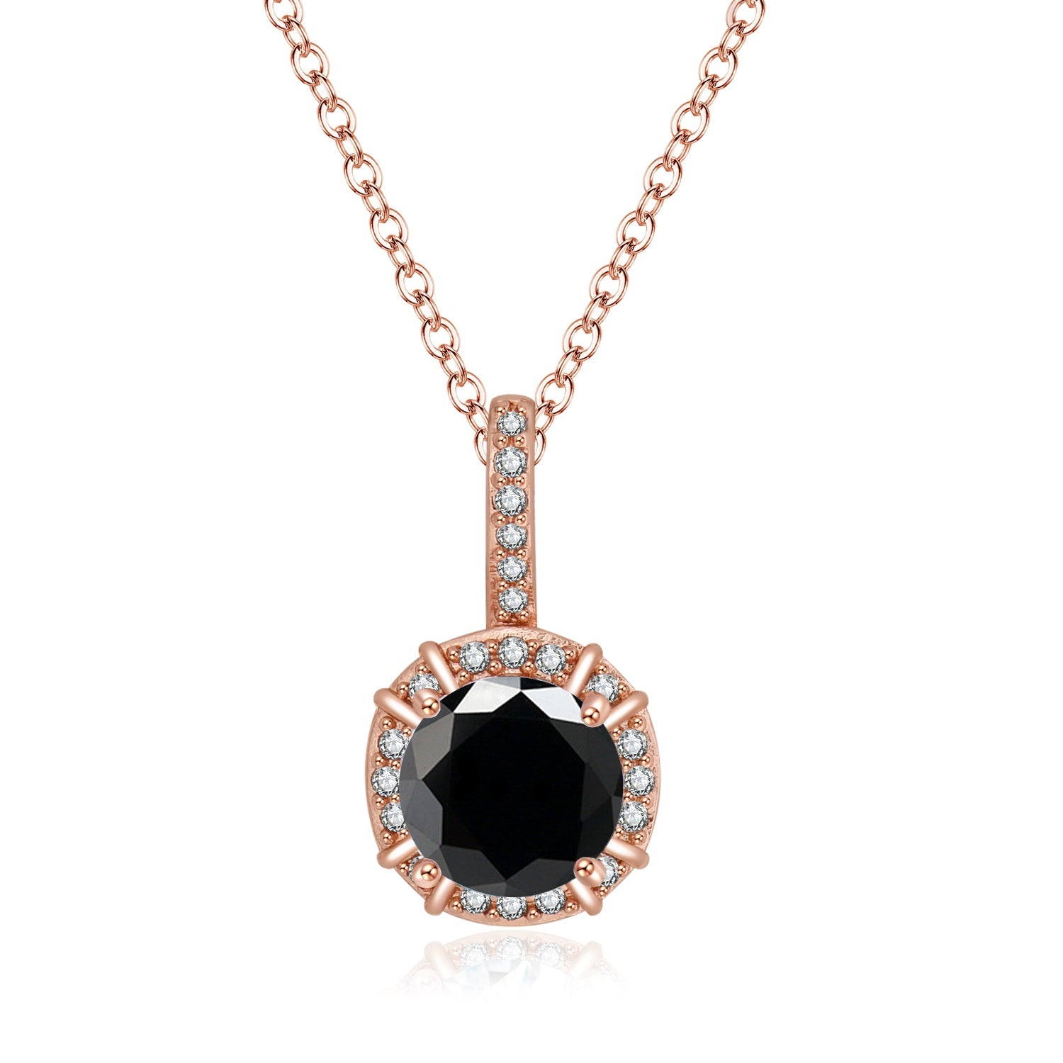 DiamondX 18K Rose Gold 1ct Halo Black Sapphire Round 18 Inch Necklace Plated