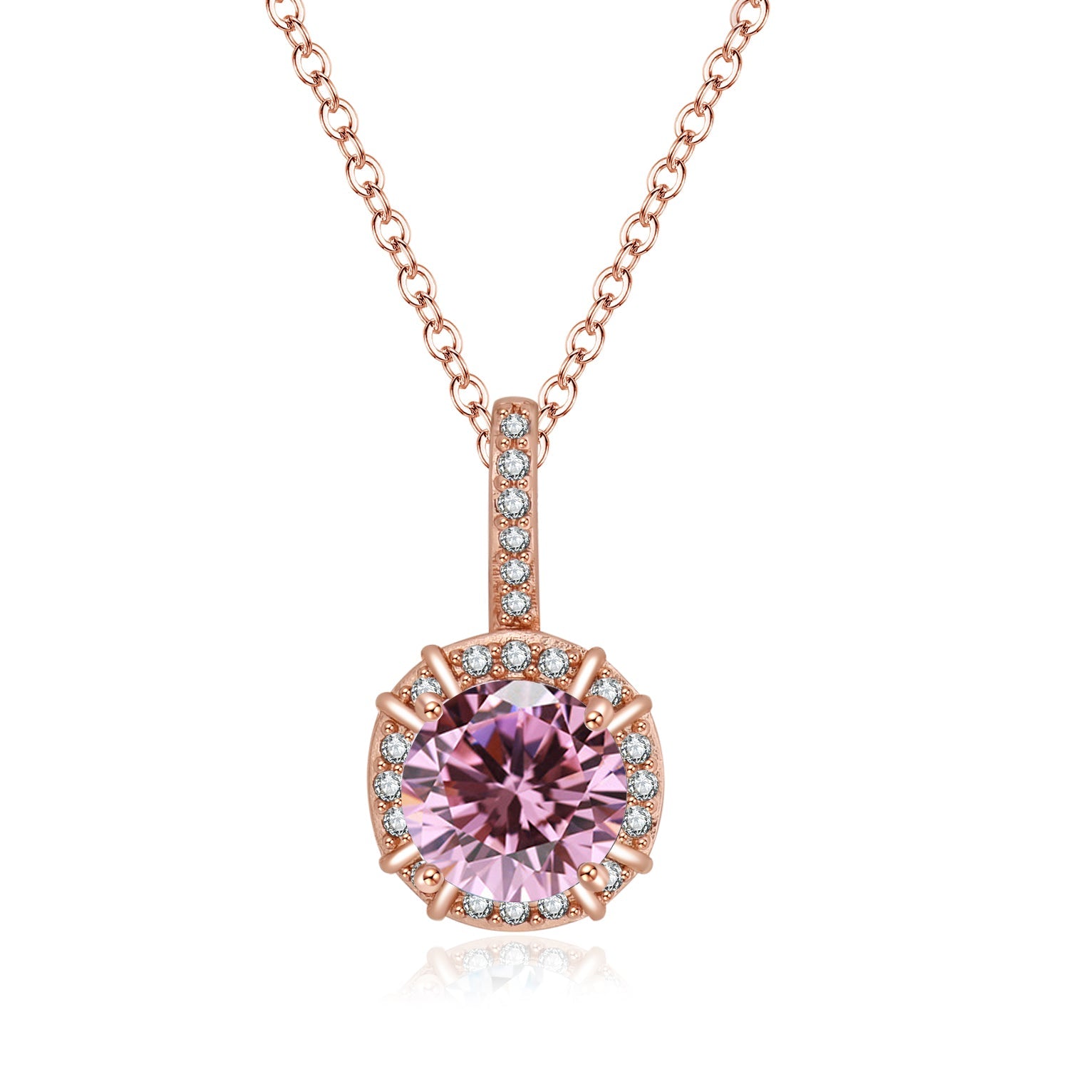 DiamondX 18K Rose Gold 1ct Halo Pink Sapphire Round 18 Inch Necklace Plated