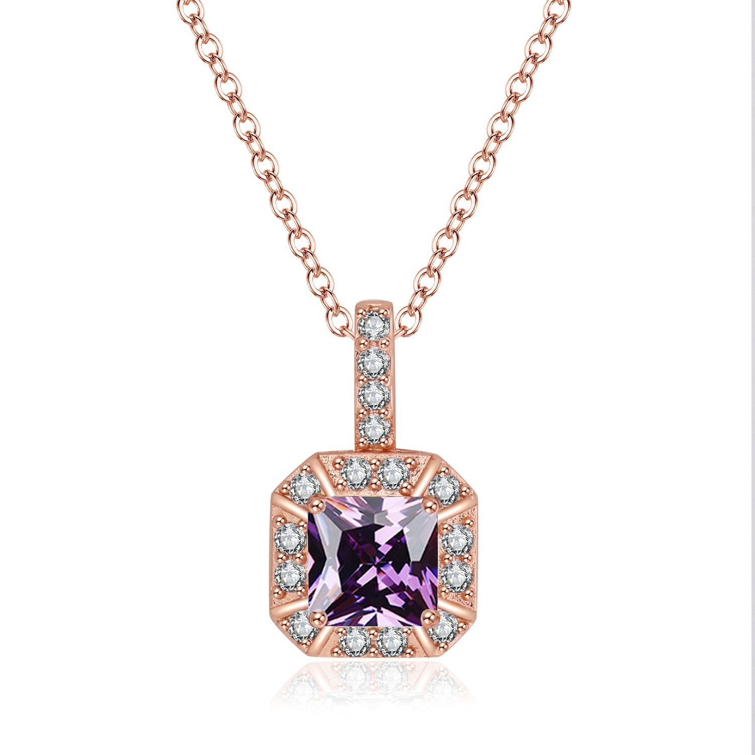DiamondX 18K Rose Gold 1ct Halo Amethyst Square 18 Inch Necklace Plated