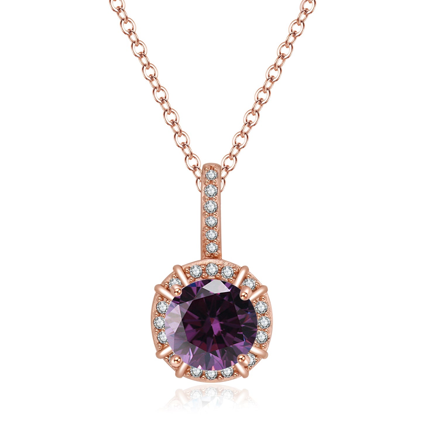 DiamondX 18K Rose Gold 1ct Halo Amethyst Round 18 Inch Necklace Plated