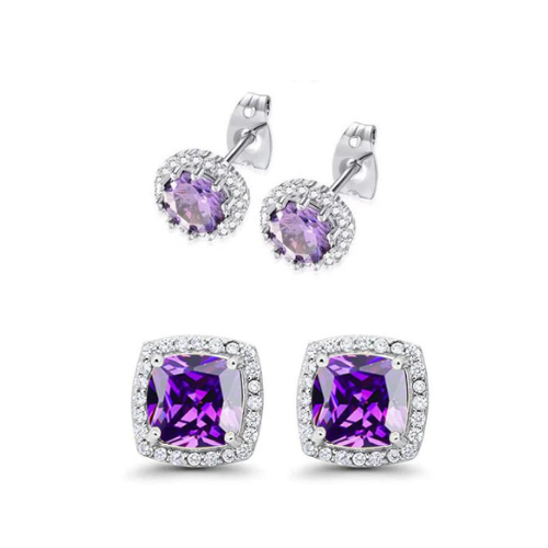 DiamondX 18K White Gold Created Amethyst 2 Carat Round and Princess Stud Earrings Plated