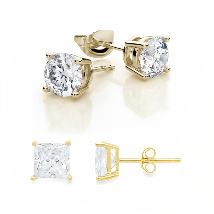 DiamondX 18K Yellow Gold Created White Sapphire 2 Carat Round and Princess Stud Earrings Plated