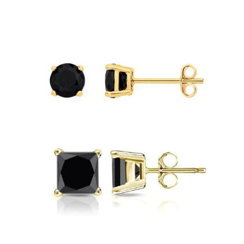 DiamondX 18K Yellow Gold Created Black Sapphire 2 Carat Round and Princess Stud Earrings Plated