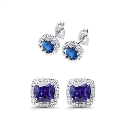 DiamondX 18K White Gold Created Blue Sapphire 2 Carat Round and Princess Stud Earrings Plated