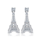 18K White Gold Brushed Small Dangling Eiffel Tower 4mm with Created White Sapphire 1/4Ct Earrings Plated