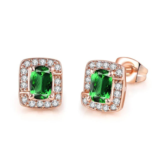 18K Rose Gold Created Emerald Princess Halo Pendant Necklace, Earrings and Tennis Bracelet Jewelry Set Plated