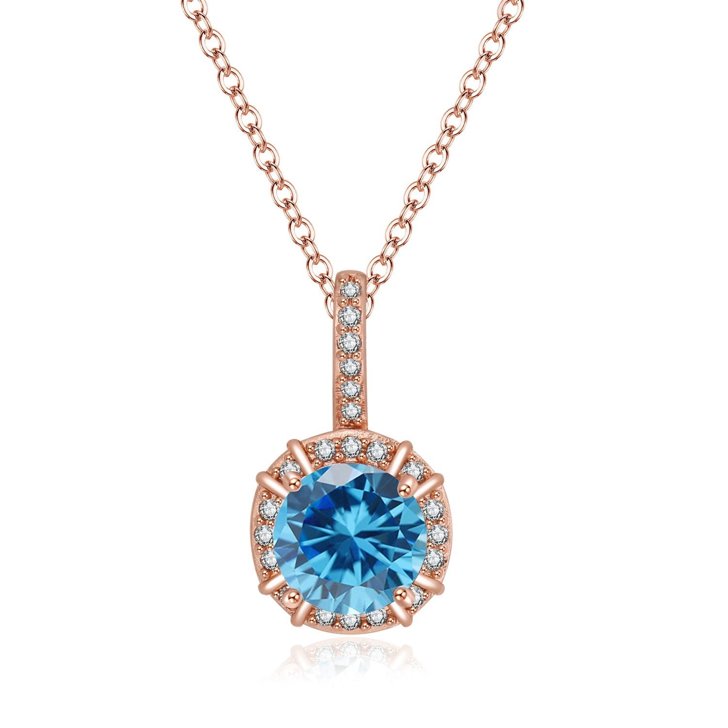 DiamondX 18K Rose Gold 1ct Halo Blue Topaz Round 18 Inch Necklace Plated