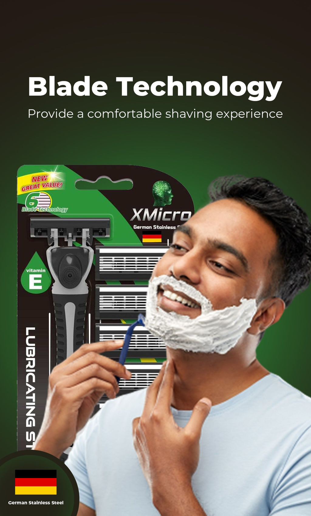XMicro Razors For Men, 1 Razor, 7 Blade Refills With German Stainless Steel, Lubricated With Vitamin E For Smooth Shave, Shields Against Irritation, Version X