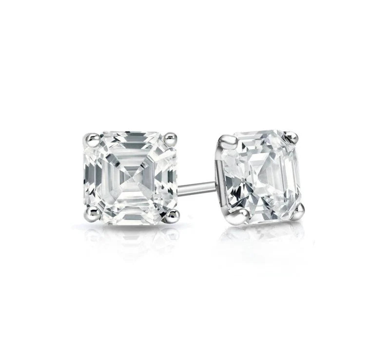 DiamondX 14k White Gold Plated 6mm 2Ct Ascher Cut White Sapphire Stud Earrings