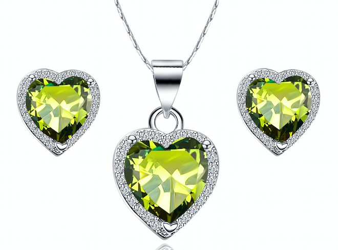 DiamondX 10k White Gold Heart 1Ct Created Peridot CZ Full Set Necklace 18 Inch Plated